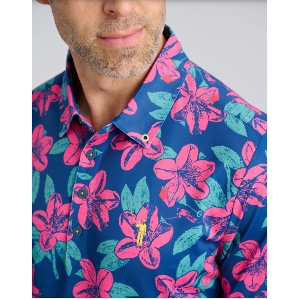 William Murray Performance Stretch Golf Polo Floral Azaleas Navy Pink Remastered